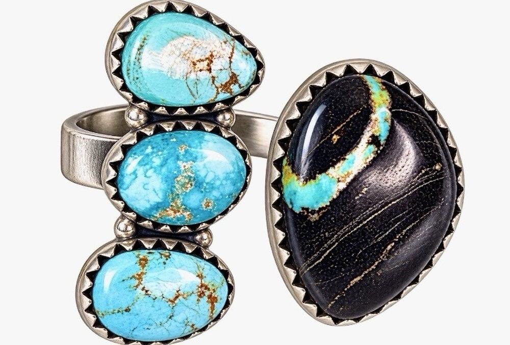 Black Jack & Golden Hills Turquoise Sterling Silver Cluster Bypass Ring Adj Sz
